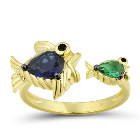 Sterling Silver w/ Yellow Black Plating Ring Black spinel,Blue Glass,Green Glass (R312823BBGGSC925) - US 6.5