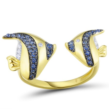 Sterling Silver w/ Yellow Black White Plating Ring Blue Nano Cubic Zirconia,White Cubic Zirconia (R312825BZZSZ925) - US 6.5