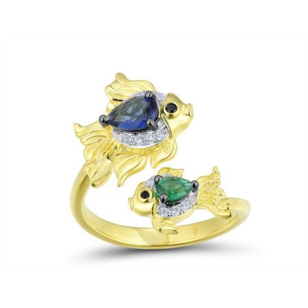 Sterling Silver w/ Yellow Black White Plating Ring Black spinel,Blue Glass,Green Glass,White Cubic Zirconia (R312826MULSZ925) - US 6.5