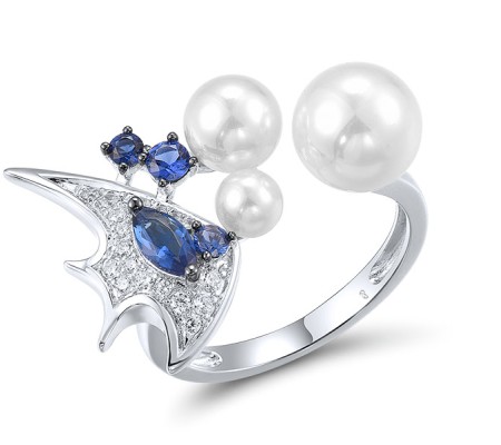 Sterling Silver w/ Black White Plating Ring Blue Glass,Blue Nano Cubic Zirconia,White Cubic Zirconia,White Shell Beads (R312828MULSK925) - US 6