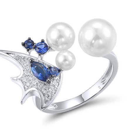 Sterling Silver w/ Black White Plating Ring Blue Glass,Blue Nano Cubic Zirconia,White Cubic Zirconia,White Shell Beads (R312828MULSK925) - US 6