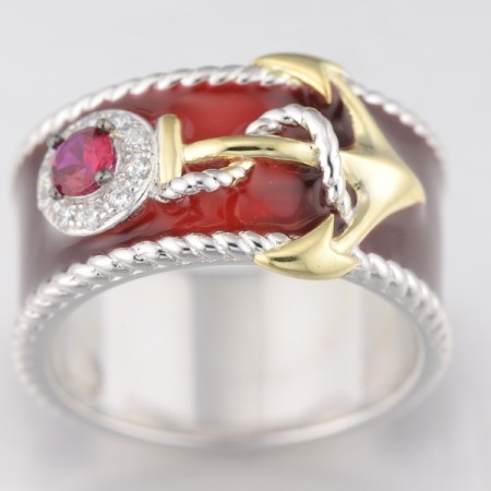 Sterling Silver w/ Yellow Black White Plating Ring Created Ruby,Enamel,White Cubic Zirconia (R312831ENASZ925)