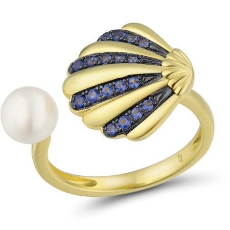 Sterling Silver w/ Yellow Black Plating Ring Blue Nano Cubic Zirconia,White Shell Beads (R312847BZWSC925) - US 6