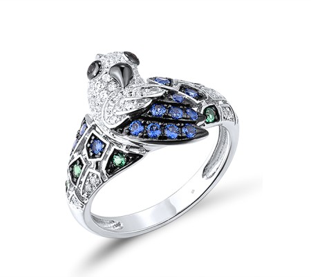 Sterling Silver w/ Black White Plating Ring Black spinel,Blue Nano Cubic Zirconia,Green Spinel,White Cubic Zirconia (R312949SMULSK925) - US 6