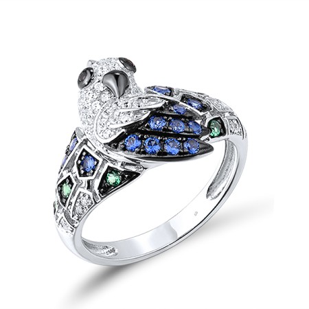 Sterling Silver w/ Black White Plating Ring Black spinel,Blue Nano Cubic Zirconia,Green Spinel,White Cubic Zirconia (R312949SMULSK925) - US 6
