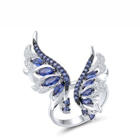 Sterling Silver w/ Black White Plating Ring Blue Nano Cubic Zirconia,White Cubic Zirconia (R313053SBZZSK925) - US 6