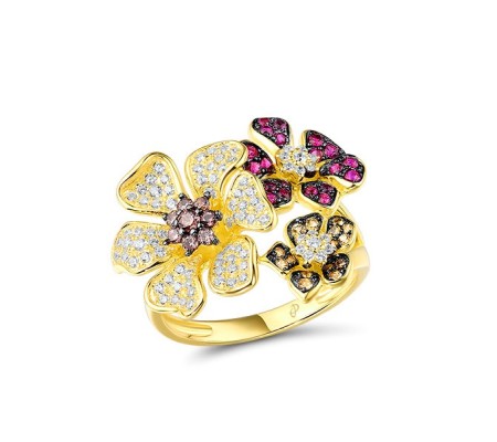 Sterling Silver w/ Yellow Black Plating Ring Created Ruby,Nano Brown Spinel,White Cubic Zirconia,Yellow Nano Crystal (R313093SMULSC925) - US 6