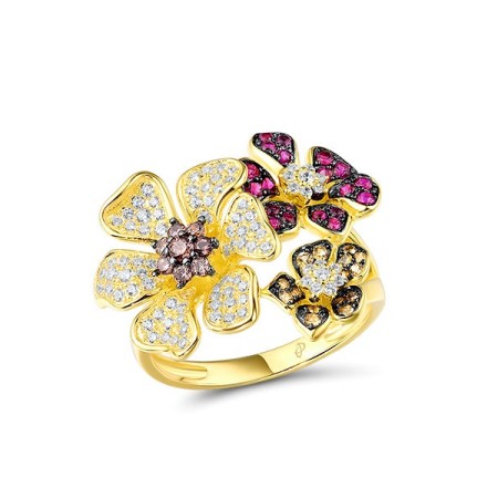 Sterling Silver w/ Yellow Black Plating Ring Created Ruby,Nano Brown Spinel,White Cubic Zirconia,Yellow Nano Crystal (R313093SMULSC925) - US 6