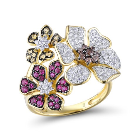 Sterling Silver w/ Yellow Black White Plating Ring Created Ruby,Nano Brown Spinel,White Cubic Zirconia,Yellow Nano Crystal (R313093SMULSZ925)