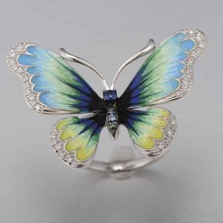 Sterling Silver w/ Black White Plating Ring Blue Nano Cubic Zirconia,Blue Spinel,Enamel,Green Spinel,White Cubic Zirconia (R313202ENASK925)