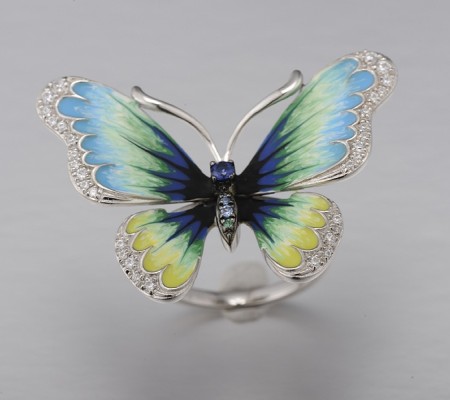 Sterling Silver w/ Black White Plating Ring Blue Nano Cubic Zirconia,Blue Spinel,Enamel,Green Spinel,White Cubic Zirconia (R313202ENSSK925)