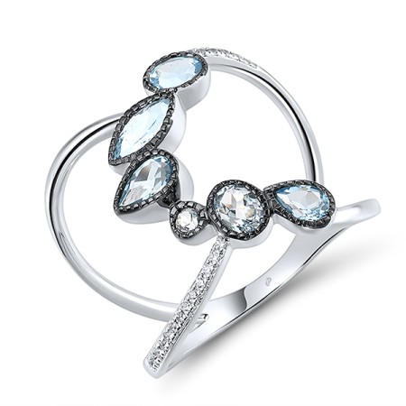 Sterling Silver w/ Black White Plating Ring Blue Topaz (Swiss Blue),White Cubic Zirconia,Blue Topaz (Sky Blue) (R313238BTKZSK925)