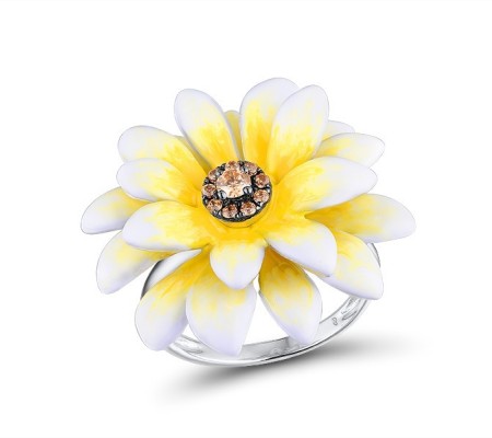 Sterling Silver w/ Black White Plating Ring Champagne Cubic Zirconia,Enamel (R313414ENA2SK925)