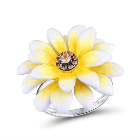 Sterling Silver w/ Black White Plating Ring Champagne Cubic Zirconia,Enamel (R313414ENA2SK925)