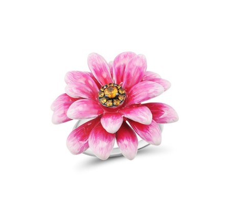 Sterling Silver w/ Black White Plating Ring Enamel,Yellow Nano Crystal (R313414ENASK925)