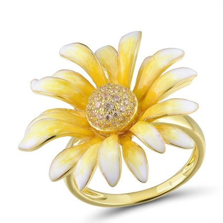 Sterling Silver w/ Yellow Plating Ring Champagne Cubic Zirconia,Enamel (R313415ENA2SY925)