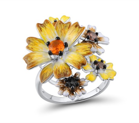 Sterling Silver w/ Black White Plating Ring Black spinel,Chocolate CZ,Enamel,Yellow Nano Crystal (R313416ENASK925) - US 6