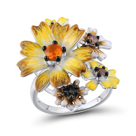 Sterling Silver w/ Black White Plating Ring Black spinel,Chocolate CZ,Enamel,Yellow Nano Crystal (R313416ENASK925) - US 6