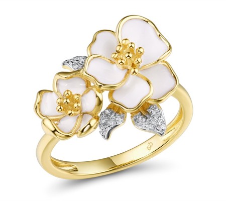 Sterling Silver w/ IONIC YELLOW PLATING Ring Enamel,White Cubic Zirconia (R313583SENASP925) - US 6