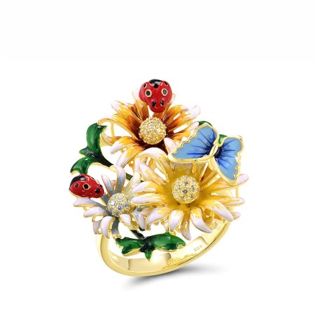 Sterling Silver w/ Yellow Plating Ring Champagne Cubic Zirconia,Enamel,White Cubic Zirconia,Yellow Nano Crystal (R313610ENASY925) - US 9