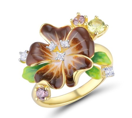 Sterling Silver w/ IONIC YELLOW PLATING Ring Enamel,Green Nano Cubic Zirconia (Per,Rhodolite Garnet Cubic Zirconi,White Cubic Zirconia (R313611ENASP925)