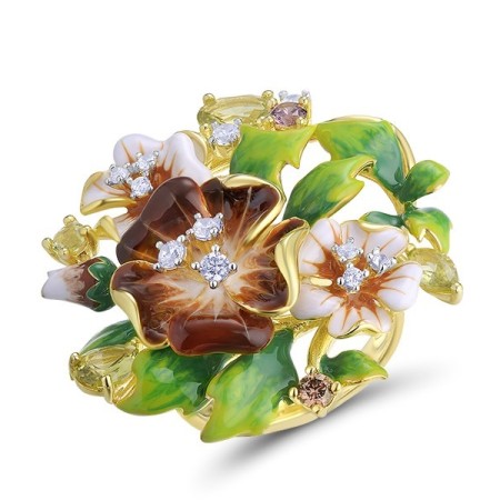 Sterling Silver w/ IONIC YELLOW PLATING Ring Enamel,Green Nano Cubic Zirconia (Per,Rhodolite Garnet Cubic Zirconi,White Cubic Zirconia (R313615ENASP925)