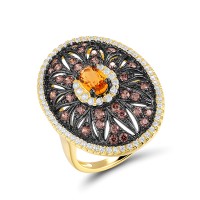 Sterling Silver w/ Yellow Black Plating Ring Chocolate CZ,White Cubic Zirconia,Yellow Glass (R313658YGHZSC925) - US 6