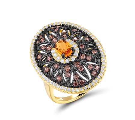 Sterling Silver w/ Yellow Black Plating Ring Chocolate CZ,White Cubic Zirconia,Yellow Glass (R313658YGHZSC925) - US 6