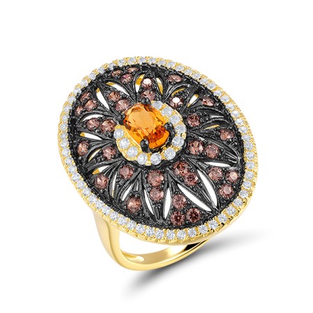 Sterling Silver w/ Yellow Black Plating Ring Chocolate CZ,White Cubic Zirconia,Yellow Glass (R313658YGHZSC925) - US 6