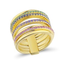 Sterling Silver w/ Yellow Plating Ring Amethyst Cubic Zirconia,Blue Nano Cubic Zirconia,Created Pink Sapphire,Green Spinel (R313713MULSY925) - US 6.5