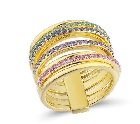 Sterling Silver w/ Yellow Plating Ring Amethyst Cubic Zirconia,Blue Nano Cubic Zirconia,Created Pink Sapphire,Green Spinel (R313713MULSY925) - US 6.5