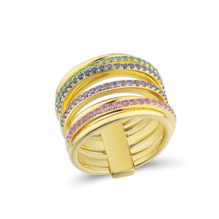 Sterling Silver w/ Yellow Plating Ring Amethyst Cubic Zirconia,Blue Nano Cubic Zirconia,Created Pink Sapphire,Green Spinel (R313713MULSY925) - US 6.5