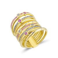  Sterling Silver w/ Yellow Plating Ring Blue Spinel,Created Pink Sapphire,White Cubic Zirconia (R313714PSBZSY925) - US 7