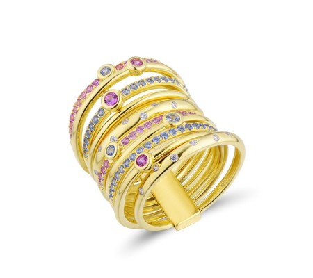  Sterling Silver w/ Yellow Plating Ring Blue Spinel,Created Pink Sapphire,White Cubic Zirconia (R313714PSBZSY925) - US 7