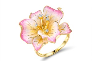 Sterling Silver w/ Ionic Yellow Plating Ring Enamel,White Cubic Zirconia (R313805ENA1SP925)