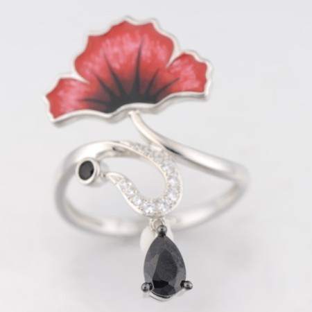 Sterling Silver w/ Black White Plating Ring Black spinel,Enamel,White Cubic Zirconia (R313933ENASK925)