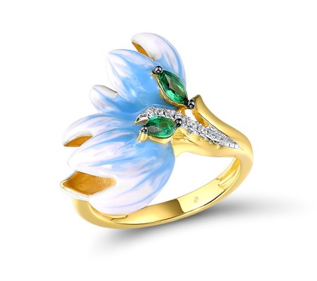 Sterling Silver w/ Yellow Black White Plating Ring Enamel,Green Spinel,White Cubic Zirconia (R313943ENASZ925) - US 6