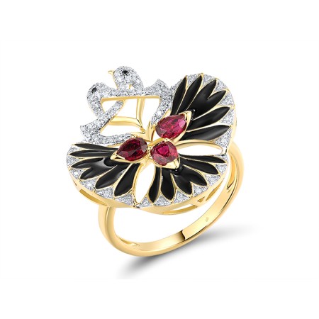 Sterling Silver w/ Yellow Black White Plating Ring Black spinel,Created Ruby,Enamel,White Cubic Zirconia (R313984ENASZ925)