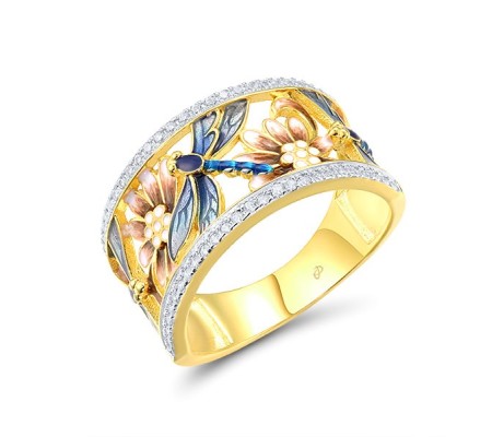Sterling Silver w/ Ionic Yellow Plating Ring Enamel,White Cubic Zirconia (R314121ENASP925) - US 6
