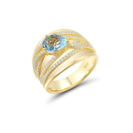 Sterling Silver w/ Yellow Plating Ring Blue Glass,White Cubic Zirconia (R314313BLGZSY925) - US 6