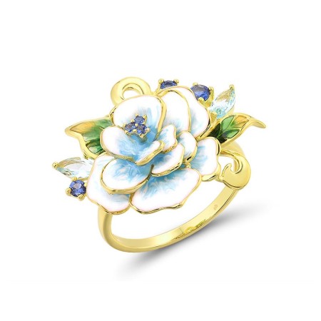 Sterling Silver w/ Yellow Plating Ring Blue Glass,Blue Nano Cubic Zirconia,Enamel (R314392ENASY925) - US 6