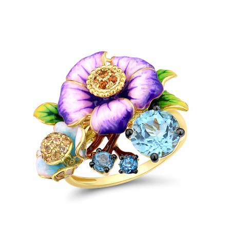 Sterling Silver w/ Yellow Black Plating Ring Blue Glass,Blue Spinel,Enamel,Yellow Nano Crystal (R314393ENASC925) - US 6