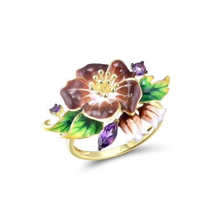 Sterling Silver w/ Yellow Black Plating Ring Amethyst Cubic Zirconia,Enamel,Purple Glass (R314394ENASC925) - US 6