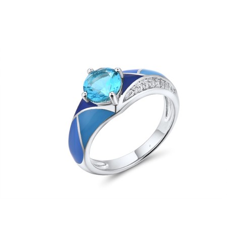Sterling Silver Ring Blue Glass,Enamel,White Cubic Zirconia (R314682ENASL925) - US 8