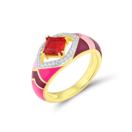 Sterling Silver w/ Ionic Yellow Plating Ring Enamel,Red Glass,White Cubic Zirconia (R314683ENASP925) - US 6.5