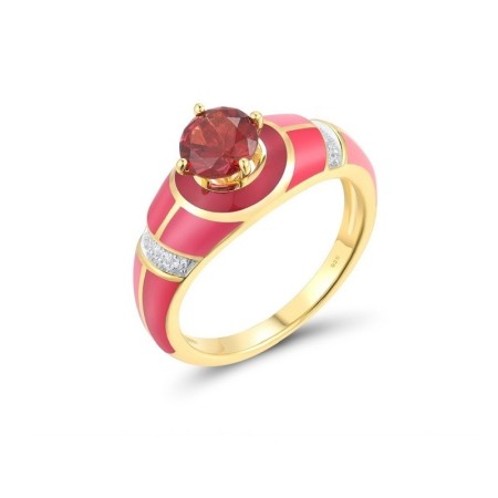 Sterling Silver w/ Ionic Yellow Plating Ring Enamel,Red Nano Crystal,White Cubic Zirconia (R314684ENASP925) - US 7