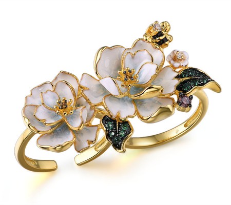 Sterling Silver w/ Yellow Black Plating Ring Chocolate CZ,Enamel,Green Spinel,White Cubic Zirconia,Yellow Nano Crystal (R314959ENASC925)