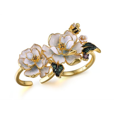 Sterling Silver w/ Yellow Black Plating Ring Chocolate CZ,Enamel,Green Spinel,White Cubic Zirconia,Yellow Nano Crystal (R314959ENASC925)