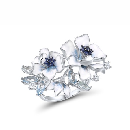 Sterling Silver w/ Black Plating Ring Blue Glass,Created Sapphire,Enamel,White Cubic Zirconia (R314960ENASK1925) - US 9