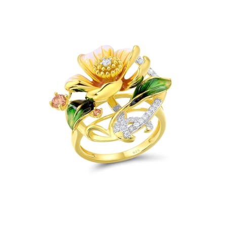 Sterling Silver w/ Ionic Yellow Plating Ring Champagne Cubic Zirconia,Enamel,White Cubic Zirconia (R314962ENASP925) - US 6